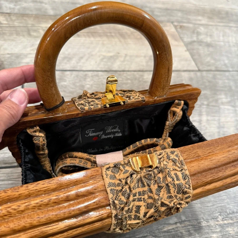 New Timmy Woods Beverly Hills Collectible Art Handmade Acacia Wood Purse Handbag